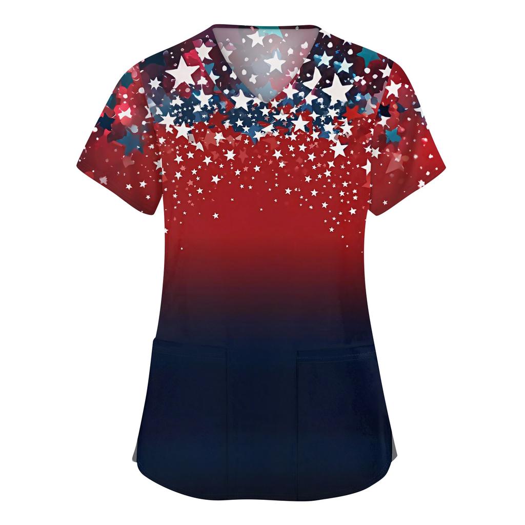 Women's Fashion V-neck Short Sleeve Workwear With Pockets Printed Tops