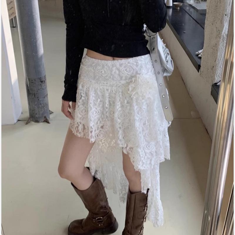 

Rose Lace Crochet Layered Midi Skirt with Flowing Ribbons S