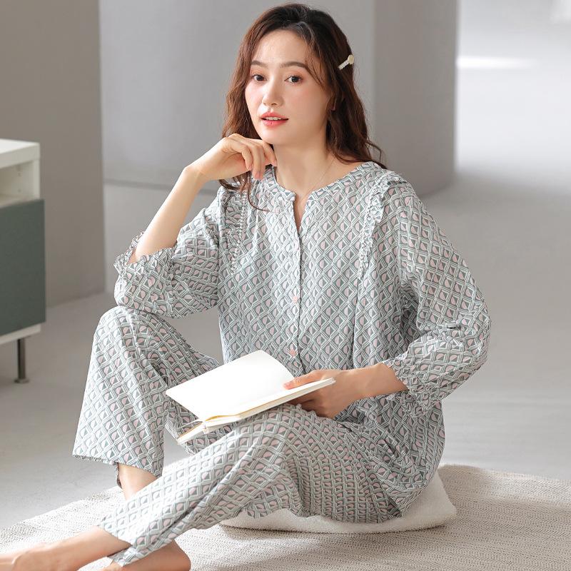 Women's pajamas: spring/summer pure cotton pure cotton, summer plaid woven cotton nine-quarter sleeve long pants, thin loungewear set