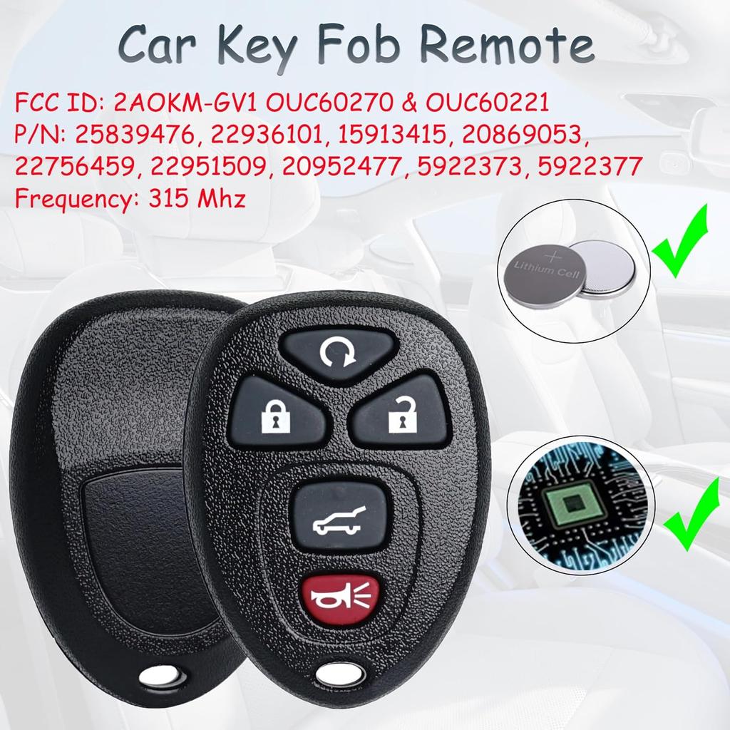 Key Fob Keyless Entry Transponder Ignition Key Fits For 2007-2014 Chevy Traverse Tahoe Suburban / GMC Acadia Yukon / Buick Enclave / Saturn Outlook