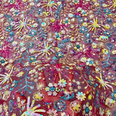 1/3Yard Mesh Beaded Embroidery Fabric Firework Style Embroidered Fabric DIY Fashionable Evening Dress Women's Clothing