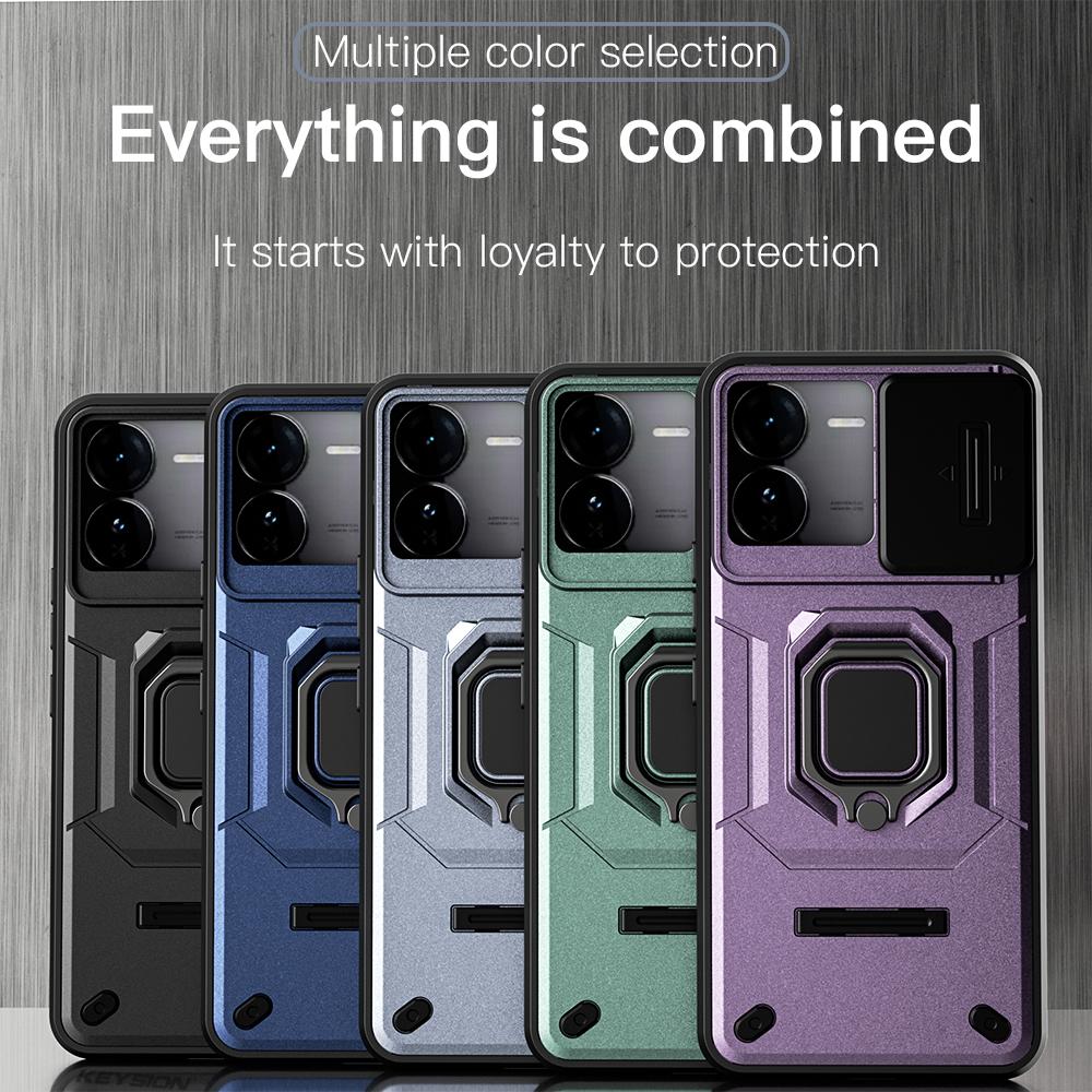 KEYSION Shockproof Case for IQOO Z9X 5G Slide Push Pull Camera Lens Protection Ring Stand Phone Back Cover for for VIVO IQOO Z9X