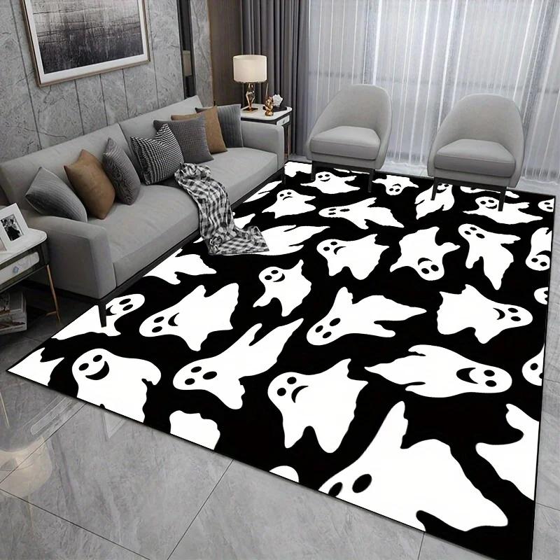 Halloween Ghost Pattern Area Rug Non-Slip Machine Mat for Indoor Living Room Retro Bedroom Durable Rectangle Carpet Decorate