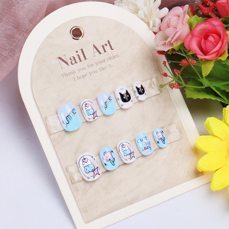 

Children s Wearable Cartoon Kitten Nail Art Set - 24 Removable Cute Short Round False Nails UV Gel Kit