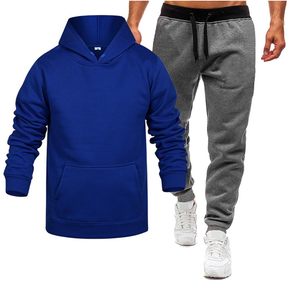 Men's Winter Solid Color Long-Sleeved Hooded Drawstring Sweatshirt And Sweatpants Suit
