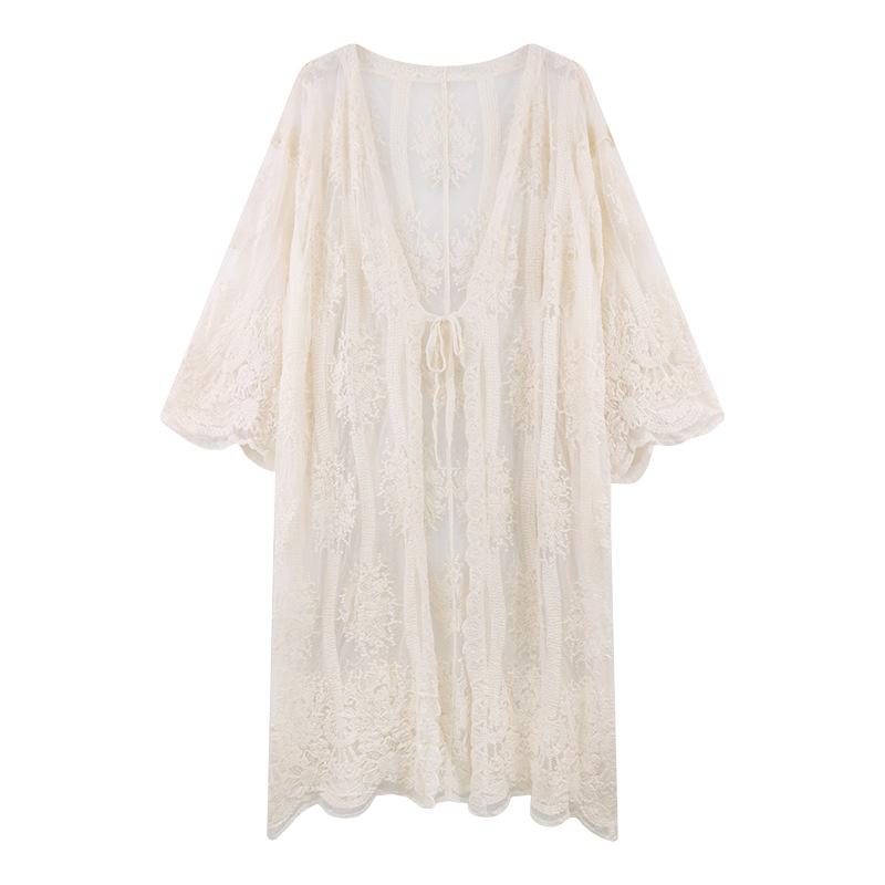 New crochet embroidered lace shirt for women, summer vacation style, seaside sun protection coat, sheer long coat