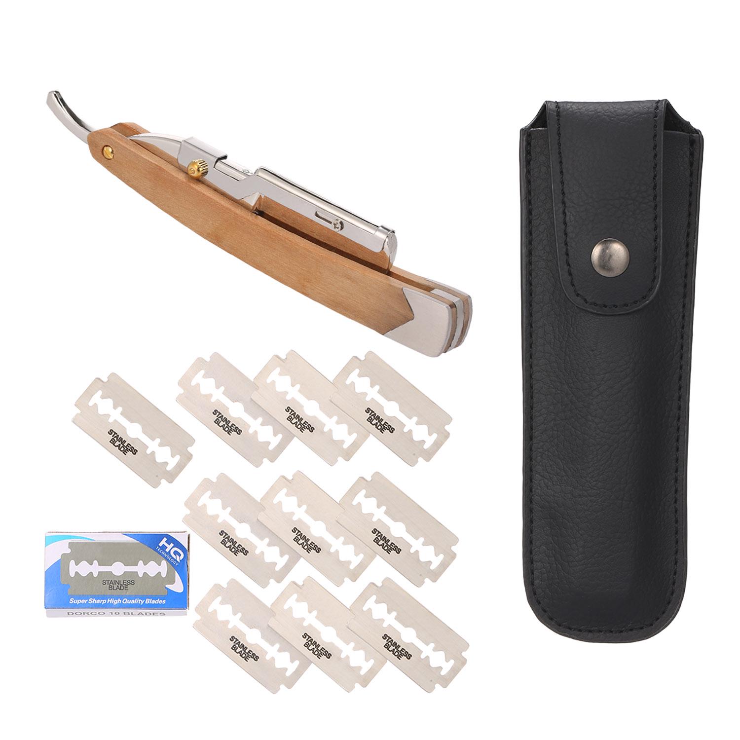 

Опасная бритва с 10 лезвиями и сумкой для хранения, нож для бритья для ухода за бородой, прямая бритва серебряный