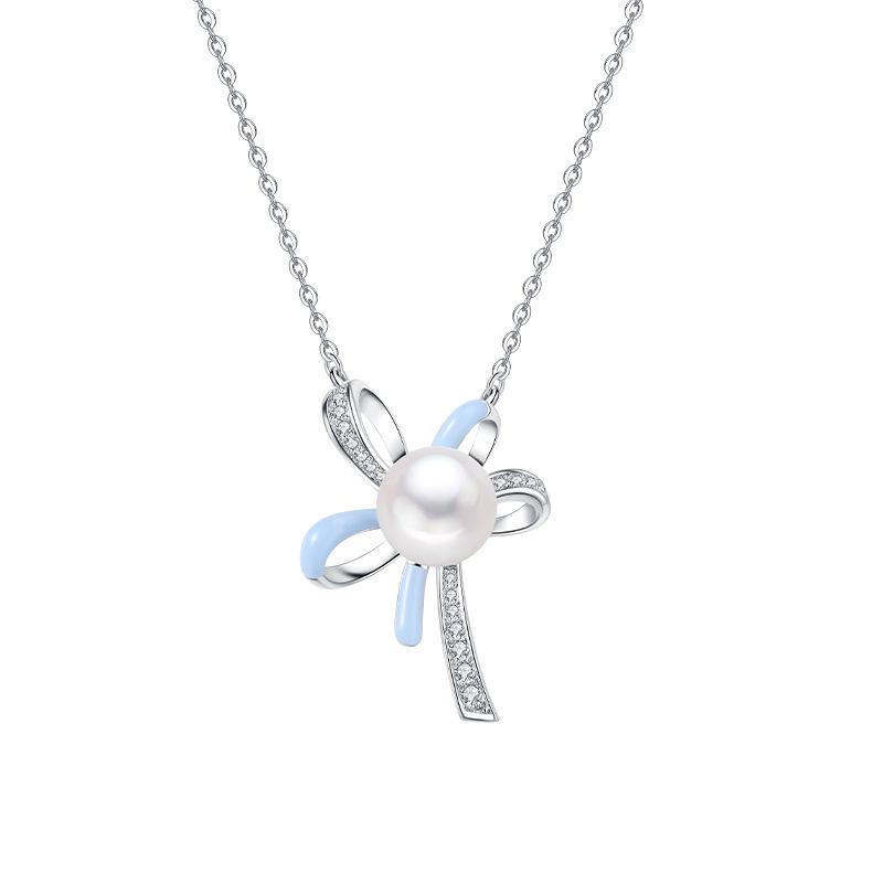 Ice Blue Bow Necklace: 925 Sterling Silver with Freshwater Pearls 925 Sterling Silver