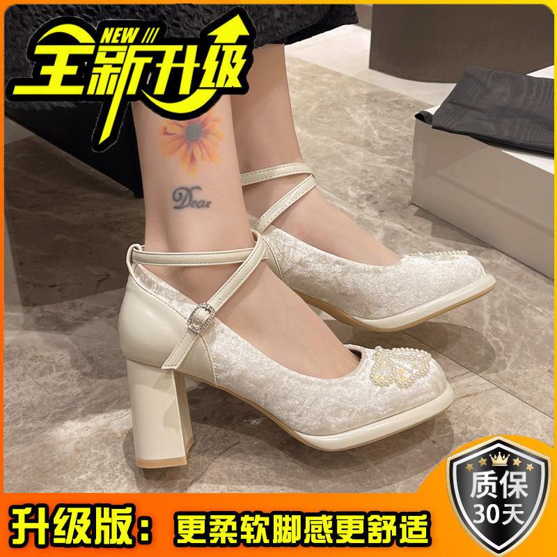 New Chinese cross belt elegant high heels women's 2025 spring new temperament waterproof table thick heel Mary Jane single shoes
