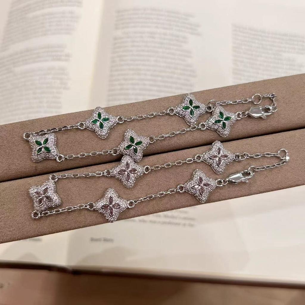Vintage Antique Light Luxury Thousand Gold Feeling Emerald Pink Diamond Four-Leaf Clover Bracelet High-End Exquisite Design Jewelry