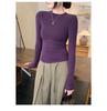 Women's Slimming Gray Crew Neck Long Sleeve T-shirt - Korean Style, Versatile Inner Layer for Autumn/Winter.