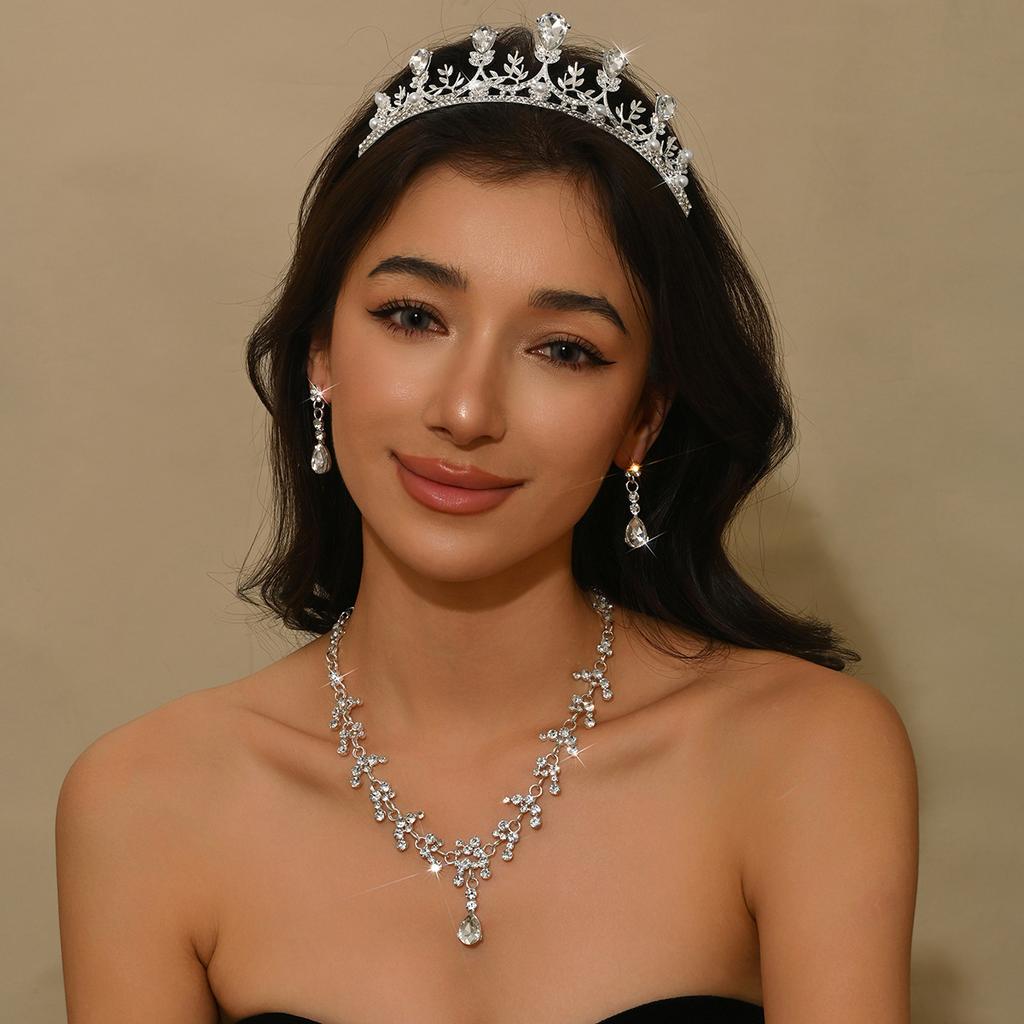 Bridal Crown Headwear Necklace Earrings Three-Piece Princess Birthday Crown Dress Accessories