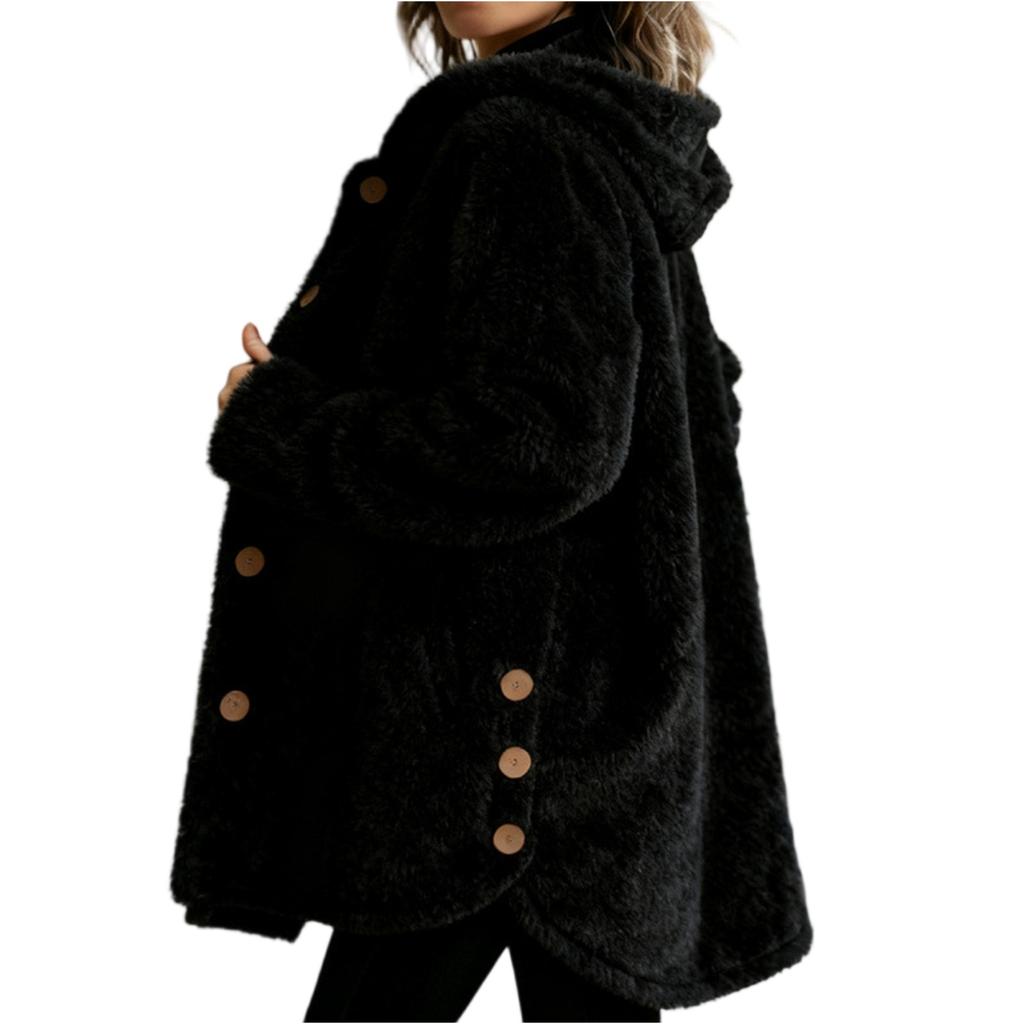 Women's Fashion Fuzzy Color Button Pocket Hooded Long Sleeve Loose Warm Jacket