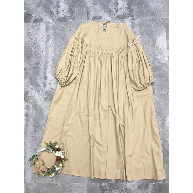 

Платье из плиссированного хлопка с длинным рукавом и шнуровкой на спине Khaki All yards