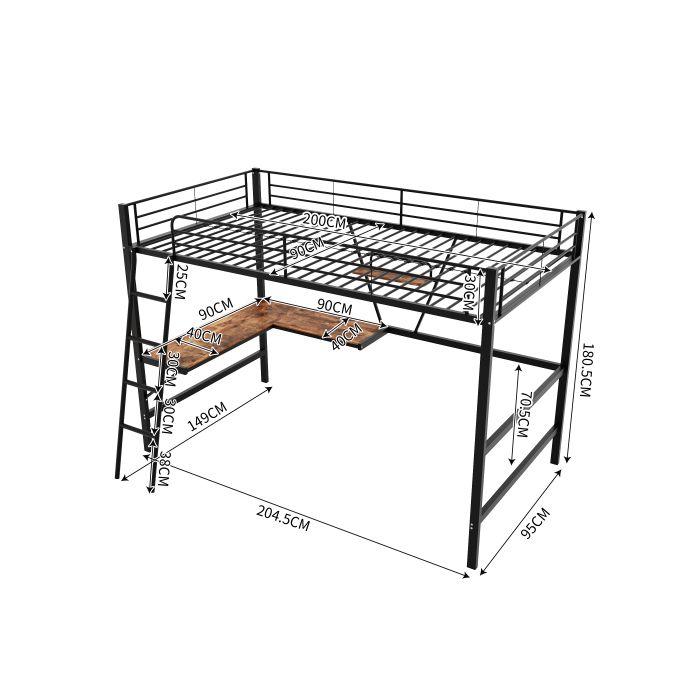 Lit mezzanine - MUVOE - 90x200cm - Métal noir - Bureau en L - Bibliothèque intégrée