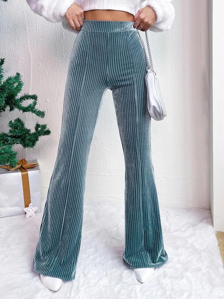 Ladies, High Waisted, Corduroy, Flared Pants, Solid Color, Casual Pants, Wide Leg Pants, Long Pants