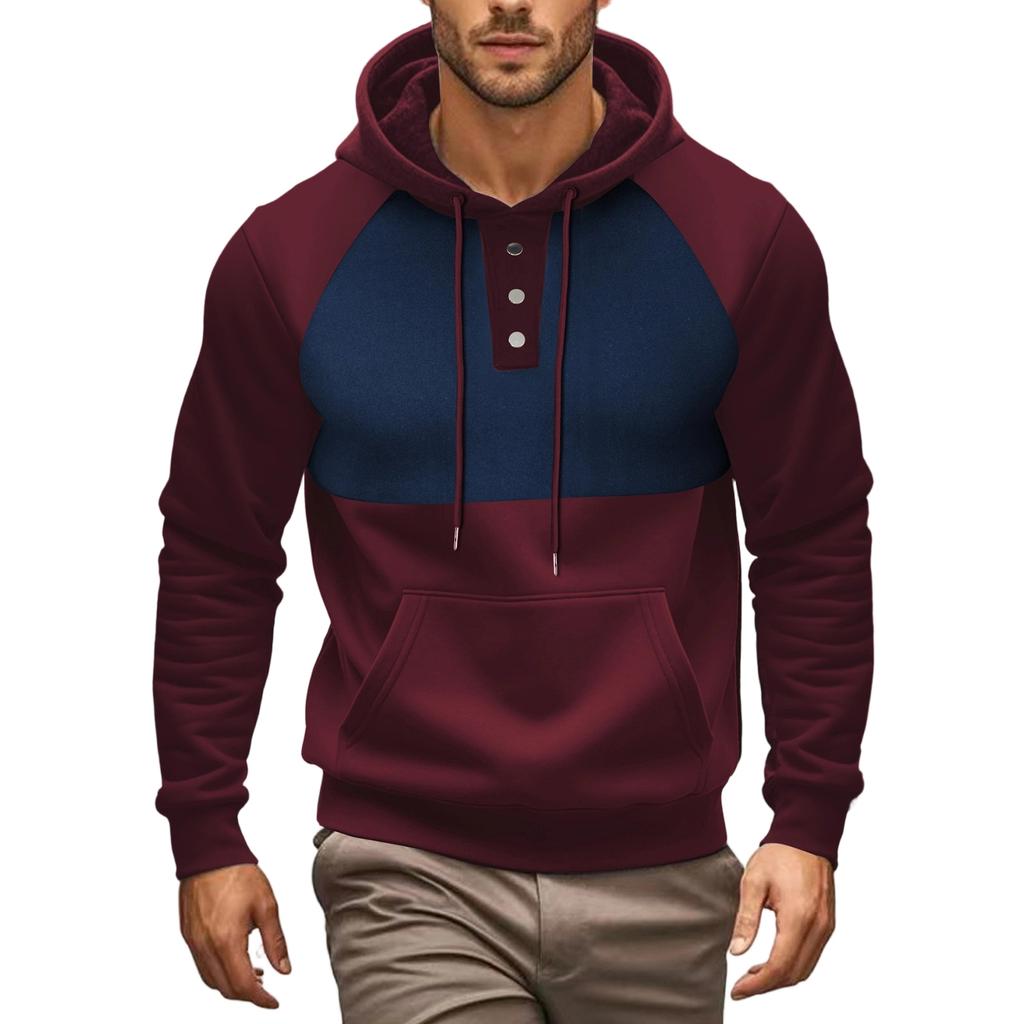 Men's Half-Zip Hooded Pullover Sweatshirt Color Block Loose Fit Long Sleeve Casual Athletic Top for Spring and Fall