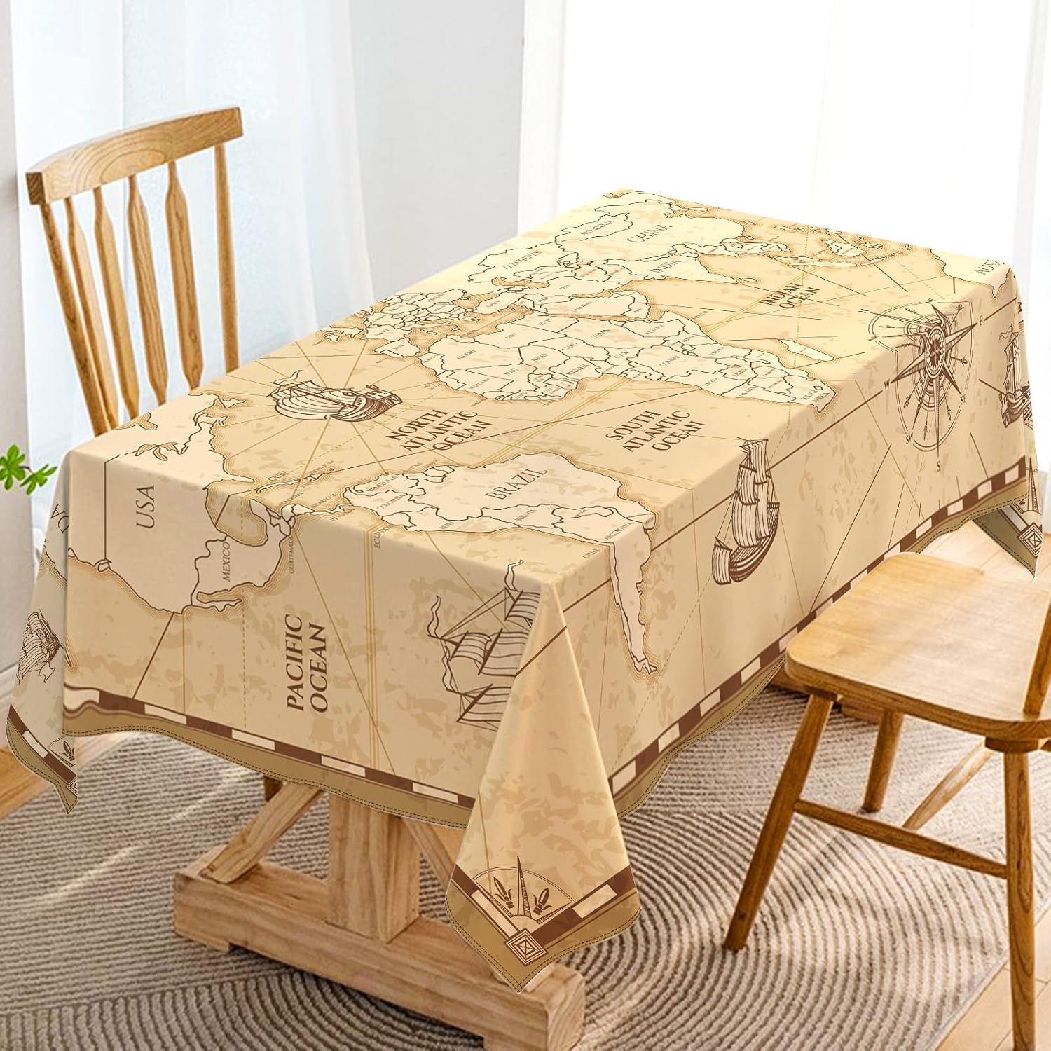 Hafangry World Map Tablecloth Adventure World Awaits Party Decoration Retro Beige Nautical Compass Kitchen Dining Room Home Decor-60×84inch 84 x 60 (Rectangular)