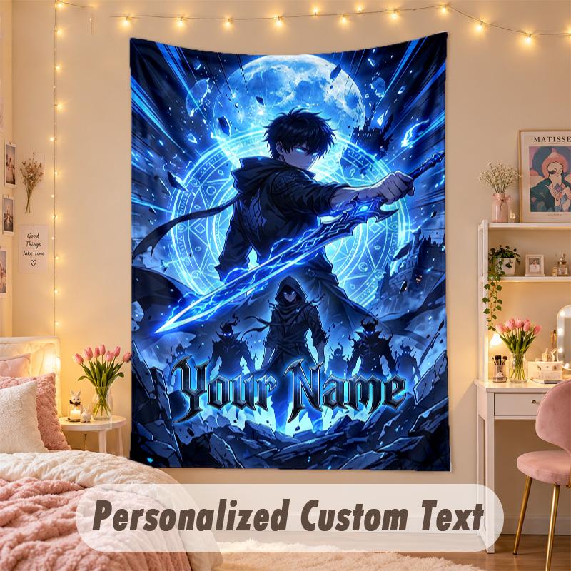 Custom Personalized Tapestry,Solo Leveling Print Custom Name Text Wall Art Hanging for Bedroom