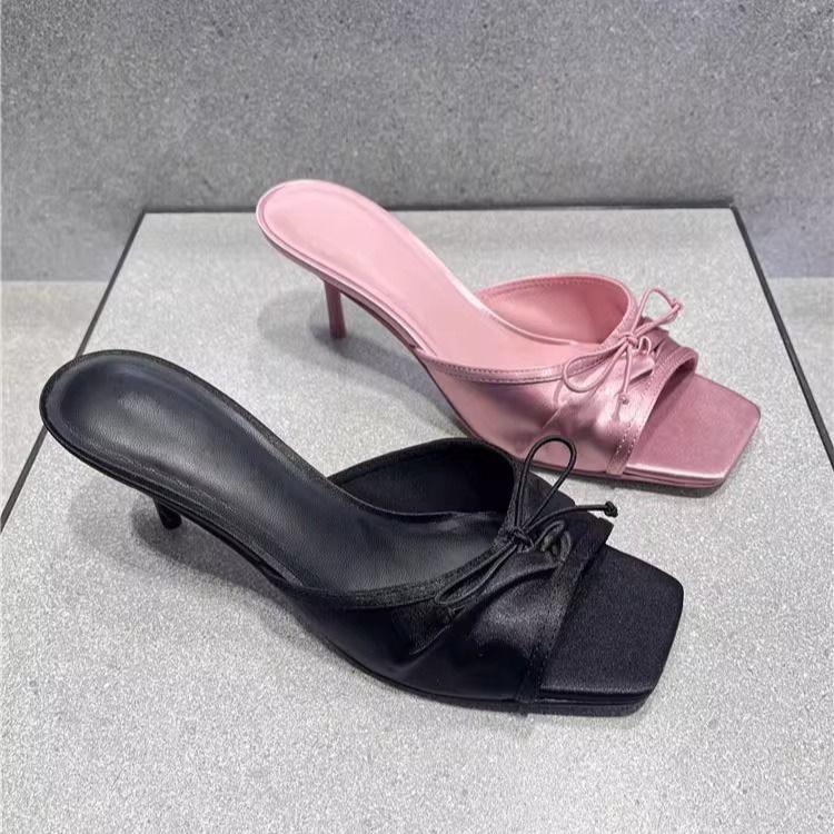 Elegant Slippers Women Solid Leather Solid Color Peep Toe Thin High Heels Ladies Slides Butterfly Knot Outdoor Shoes Plus Size