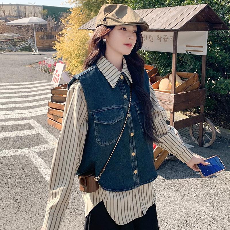 

Spring 2025 Denim Vest & Striped Shirt Two-Piece Set L (55-63 kg)