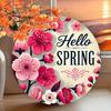 Metal Wall Art Hello Spring Pink Sakura Circle 20x20cm Bedroom Decor