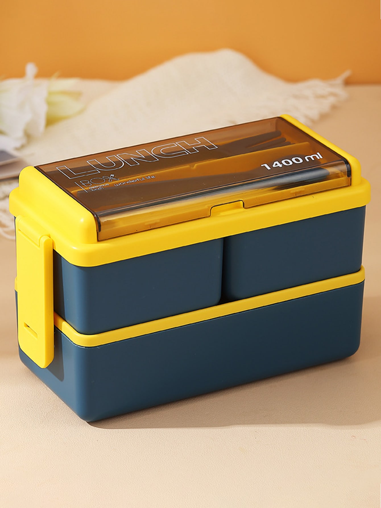 

1 шт. Bento Boxes портативный двухслойный ланч-бокс со столовыми приборами и крышкой многоразовый контейнер для хранения еды для студентов путешественников Offi 4&1400ml&2 темно-синий