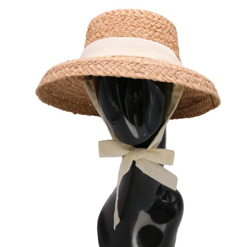 High-quality Handmade Raffia Weaving Sun Protection Sun Hat Hepburn Style Lady Flat Bucket Hat Outdoor Women Holiday Beach Cap