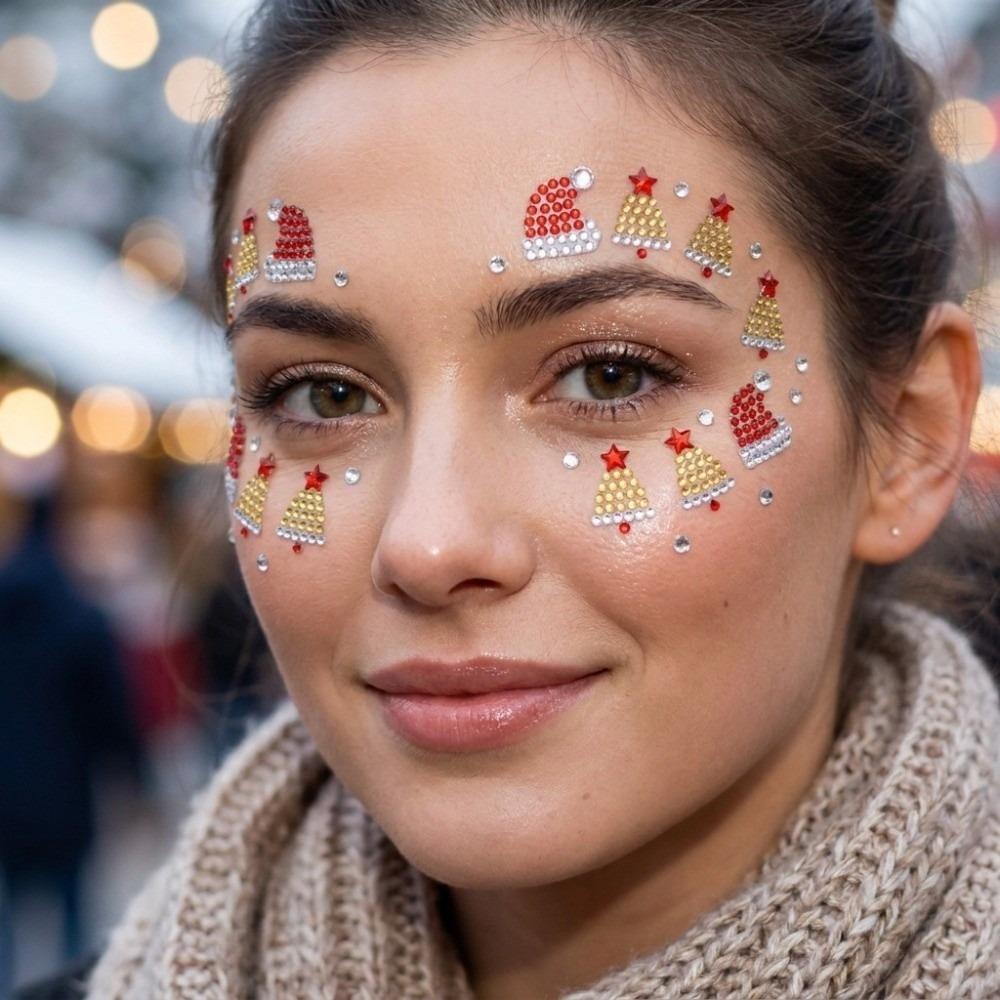 4Pcs Red Green Silvery Rhinestone Eye Body Decals Self-Adhesive Holiday Facial Decals Cards