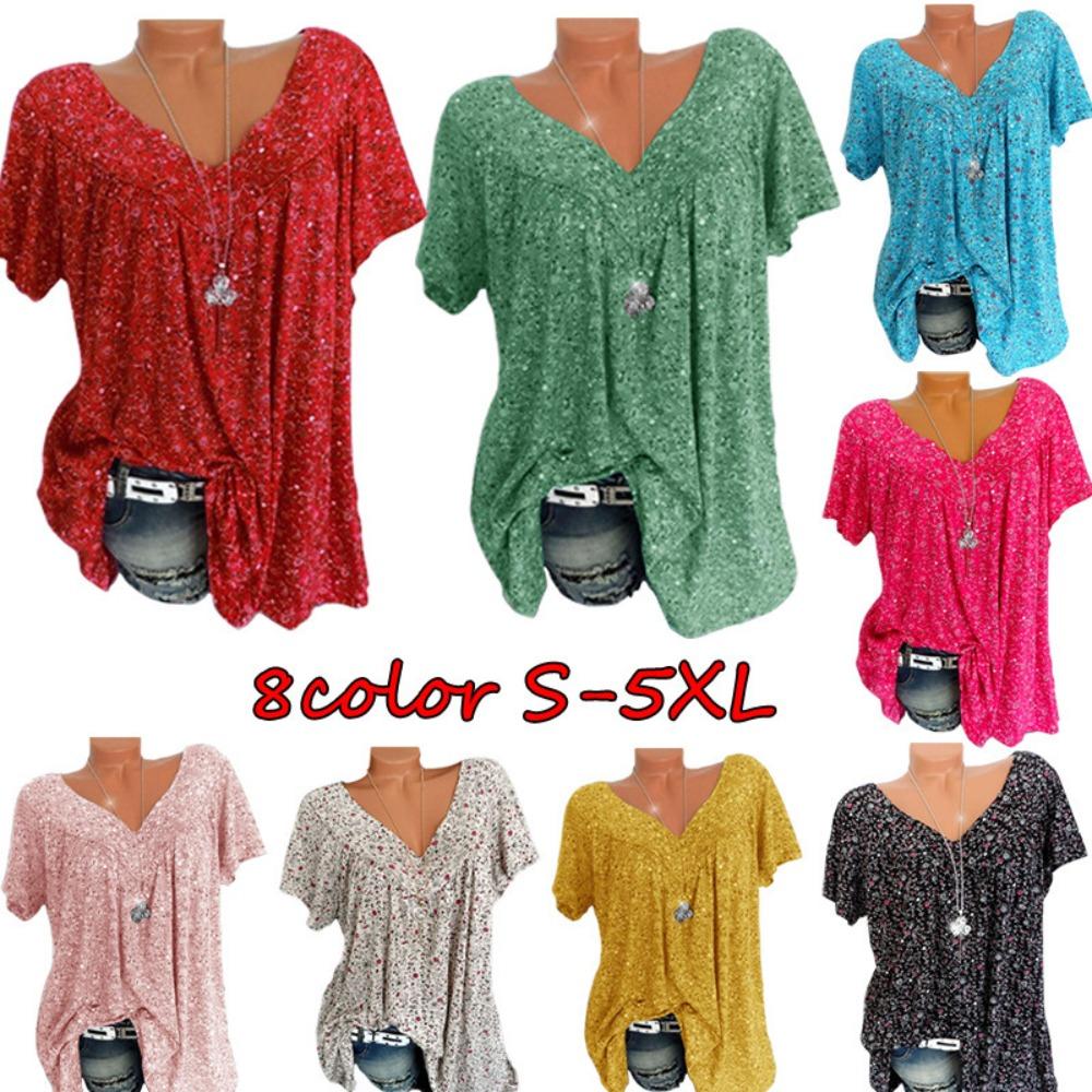 Women's V Neck Short Sleeve Tunic Top Loose Fit Casual Ditsy Floral Print Plus Size Summer Daily Blouse