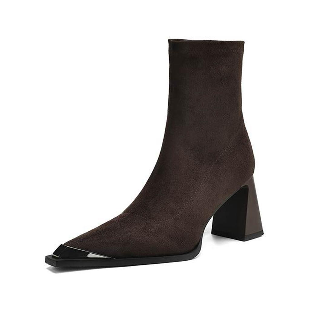 Krazing Pot Flock Autumn Winter Shoes Metal Decoration Thick High Heels Big Size 40 Modern Boots Square Toe Keep Warm Slip On Ankle Boots