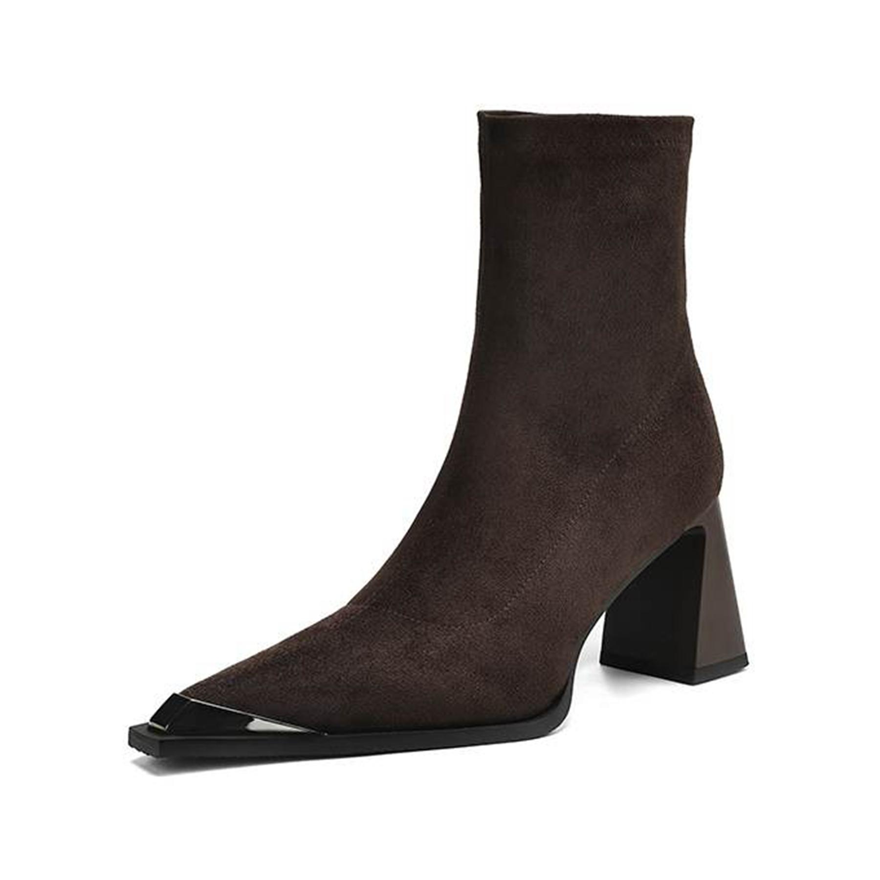 

Krazing Pot Flock Autumn Winter Shoes Metal Decoration Thick High Heels Big Size 40 Modern Boots Square Toe Keep Warm Slip on Ankle Boots 39 коричневий