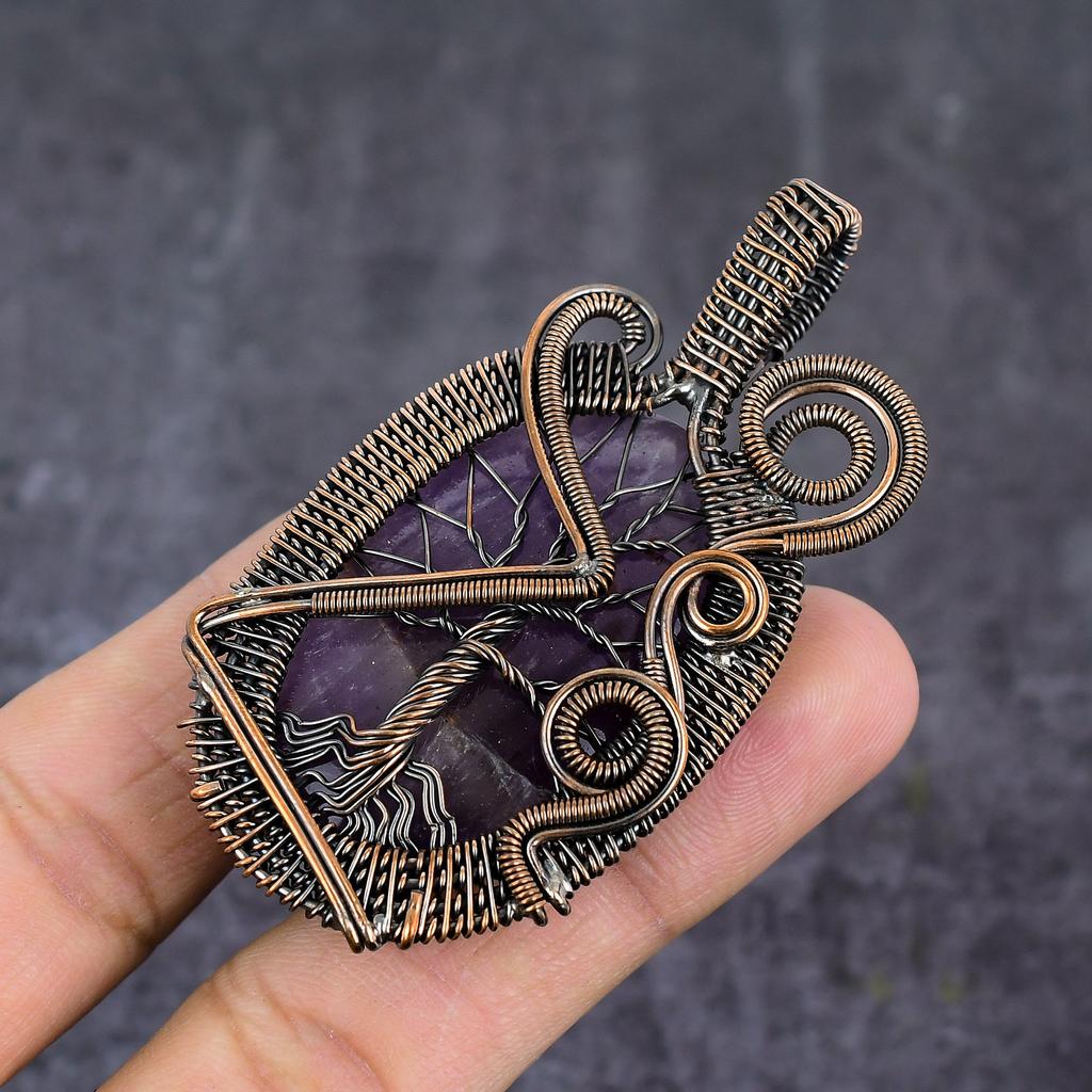 Améthyste Sauge Pendentif Bijou Enveloppé de Fil de Cuivre Fait Main 2.80" y3s65