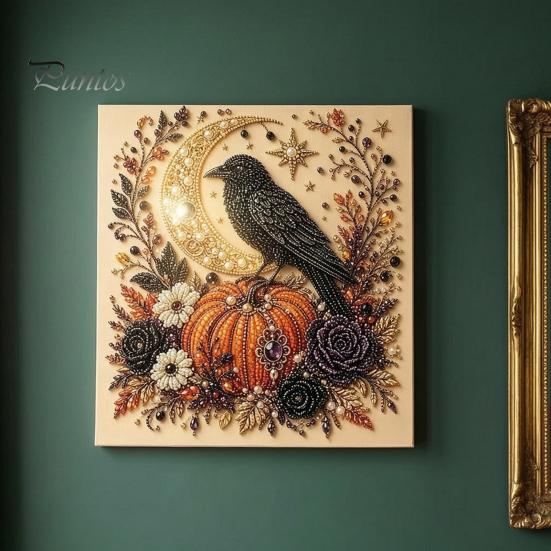 Festliche Kunst mit Kunstperlen für die Heimdekoration 2 Stück Halloween-Kunst, Geist Kürbis Hexe Krähe Malerei DIY Entspannendes Bastelset, 3D Schädel Basteln
