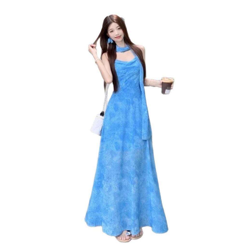 Beautiful holiday style French design in early summer, tie-dye blue suspender dress, women's new summer long dress