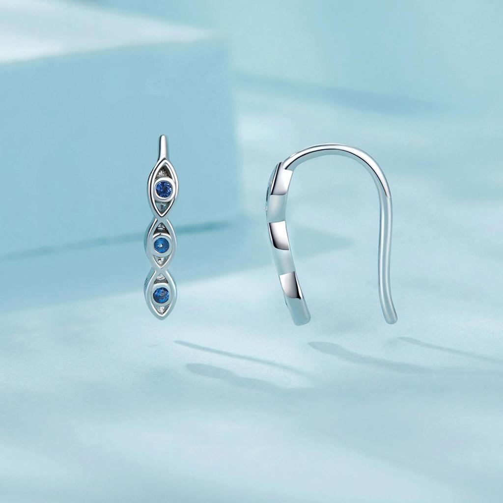 Three Devil's Eye Hook Earrings Blue Zircon 925 Sterling Silver Lucky Earrings Cuffs