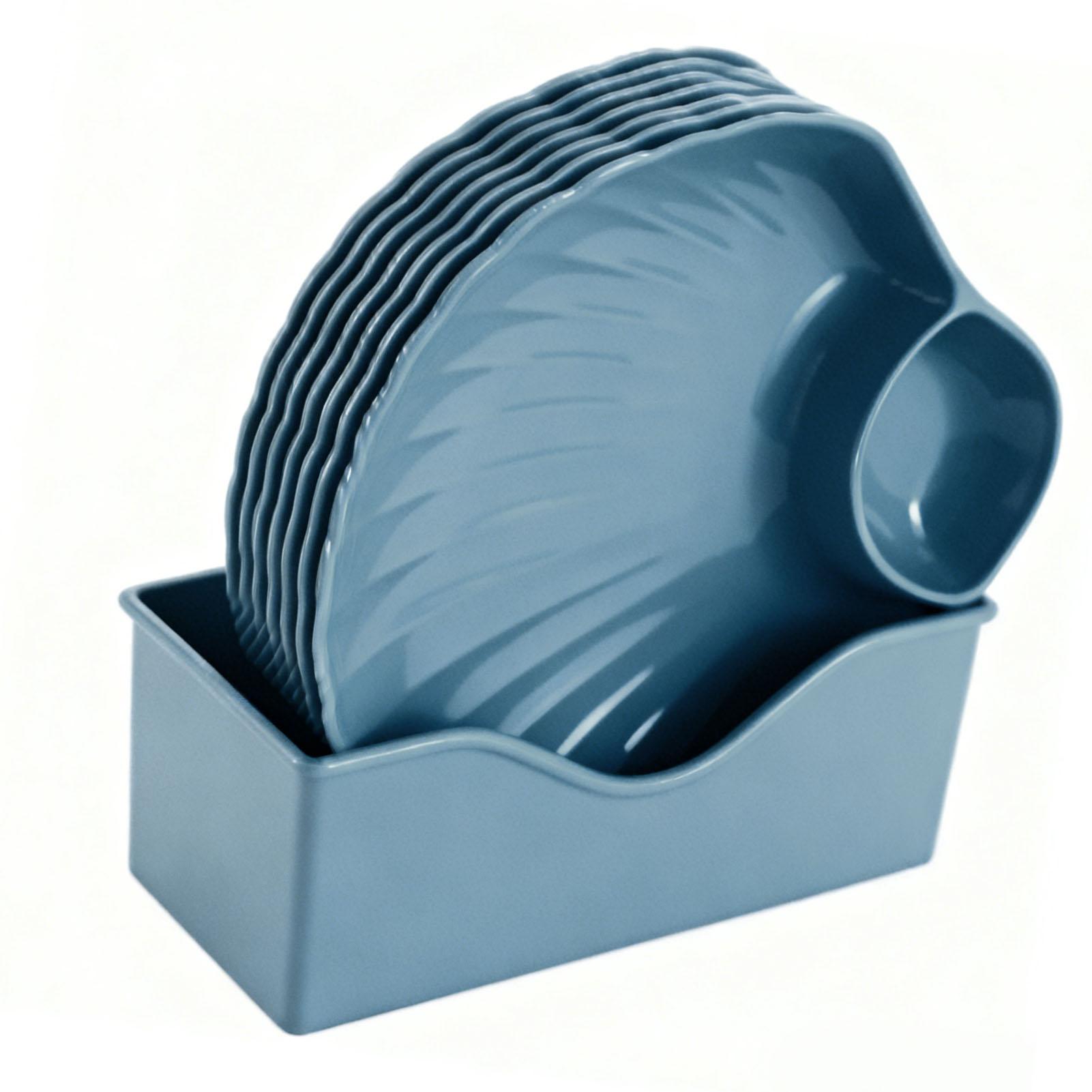 

Dinner Plates Set Japanese Style Shell Shape Multi Purpose Food Grade Plastic Snack Serving Dish 8pcs Blue with Tray