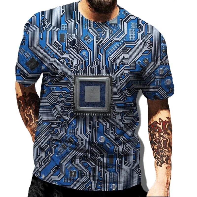 New Summer Fashion Electronic 3D Printing Cool Circuit Board Men's T-Shirt Harajuku Street Oversized Jacket Short Sleeve