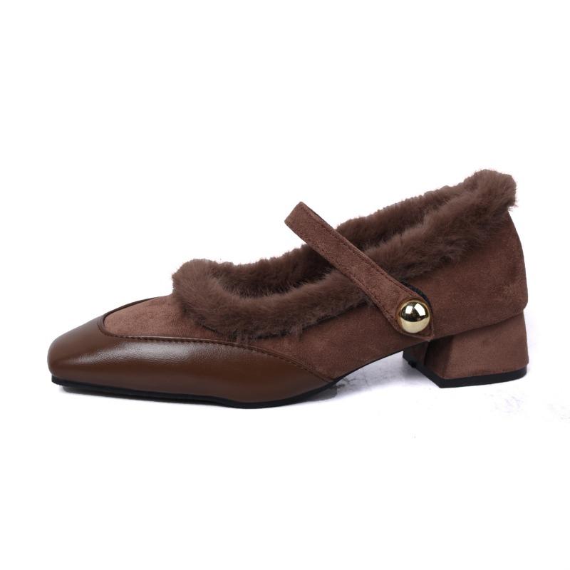 New autumn and winter thick heel velvet Mary Jane single shoes women's shoes evening gentle fluffy shoes