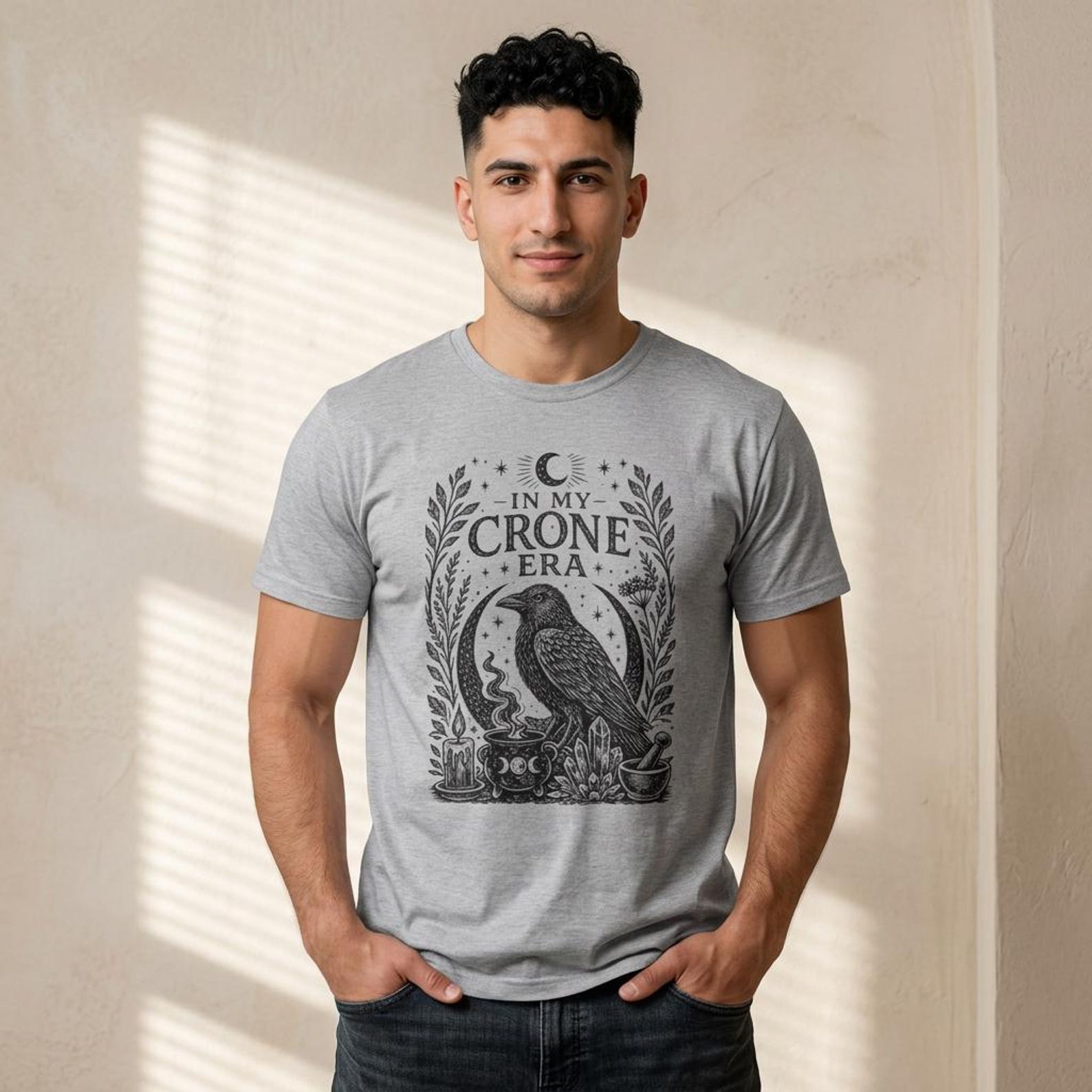 In My Crone Era Witchy Raven Cauldron T-Shirt; Goth Witchcraft Mystic Wiccan Tee; Linocut Mystical Crow Moon Top XL