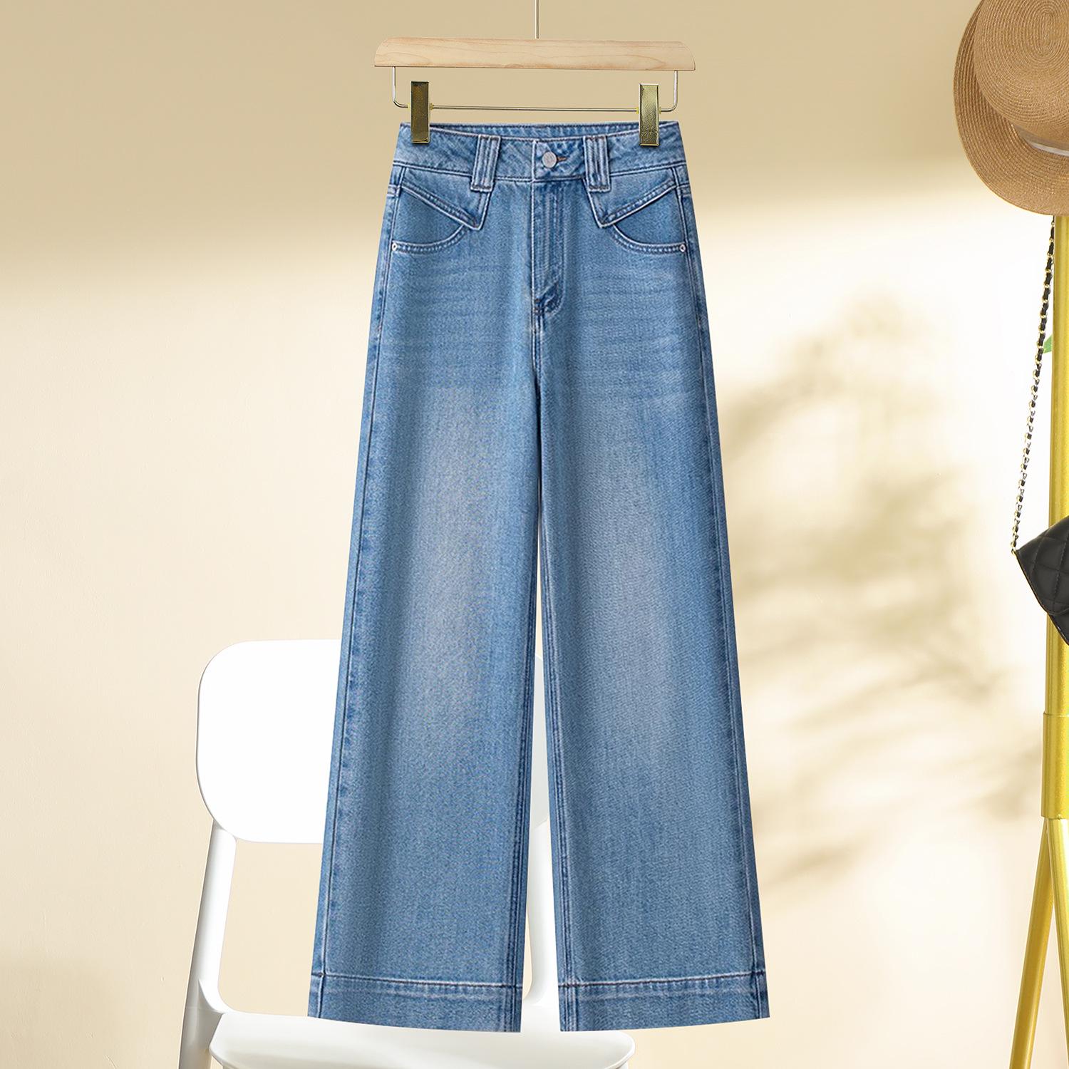 

Women s Light Blue High-Waist Cropped Wide-Leg Jeans - Spring/Autumn 2025 Trendy Petite Straight-Leg Style 27 [95-105 lbs]