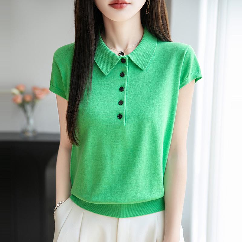 

Осенний трикотажный поло-топ с коротким рукавом из смесовой шерсти M (45-53 kg)