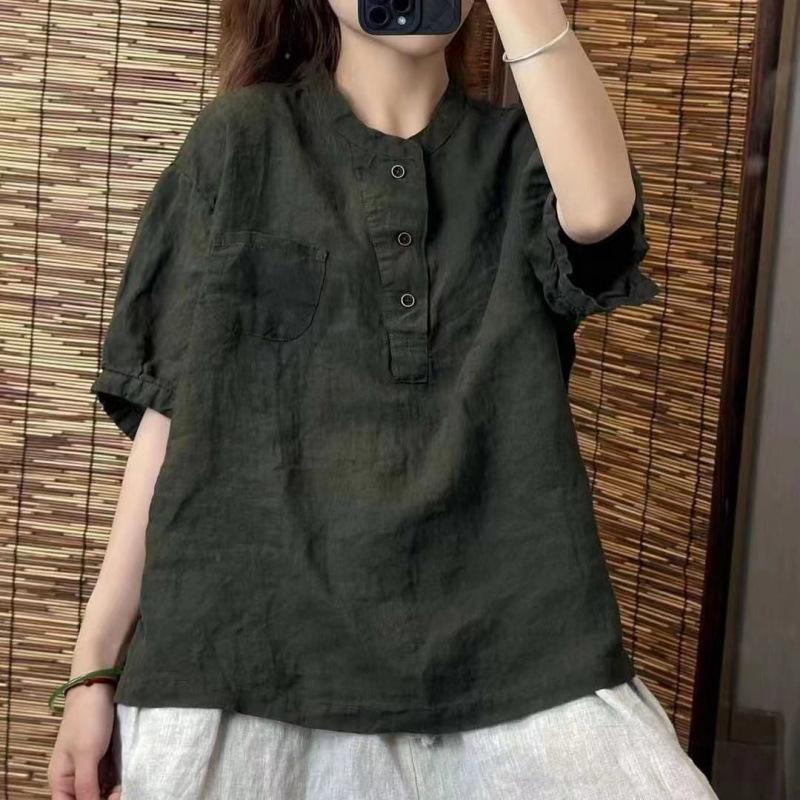 Retro Cotton Linen Short Sleeve Loose Summer Shirt
