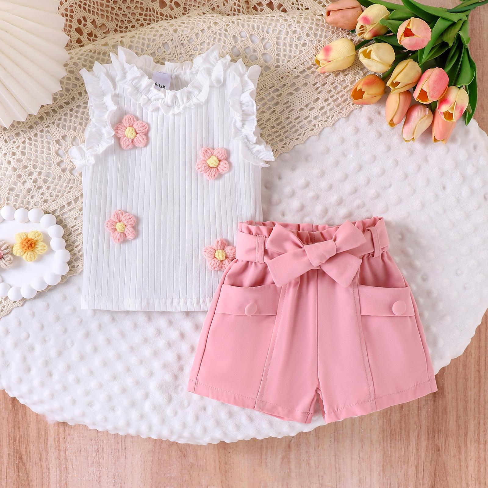 

Повседневный костюм для девочек, летний детский модный комплект из милого цветочного топа без рукавов и однотонных шорт 2-3Y розовый