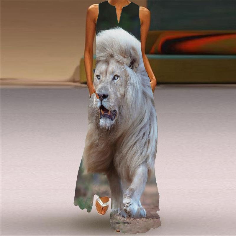 Vintage Dámské 3D tisk Boho Dlouhé šaty bez rukávů Letní móda Společenské šaty s výstřihem do V Dámské Ležérní Kapesní Tenké Vestido