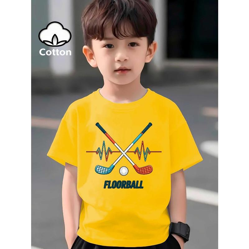 European sizes Floorball Boys' T-shirts Boys' Creative T-shirts, Casual, Lightweight and Comfortable Short-sleeved Tops, Summer Children's Clothing