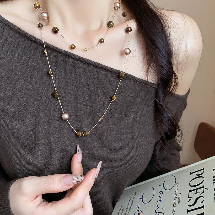 Trendy Vintage Tiger Eye Stone Pearl Bead Stacked Necklace For Women Fashionable Autumn And Winter Charm Jewelry