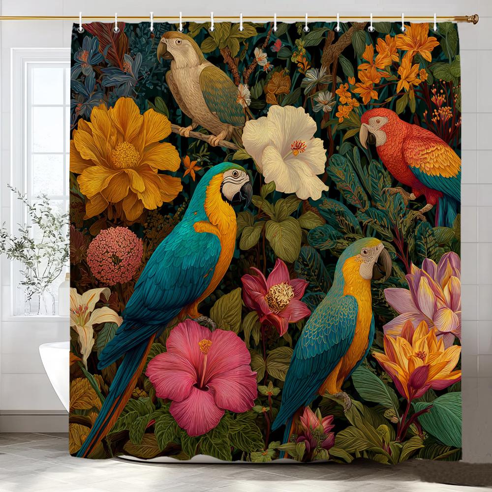 Tropical Plants, Flowers and Birds Shower Curtain, Bathroom Decorative Shower Curtain, Print Polyester Fabric Curtain with Hooks