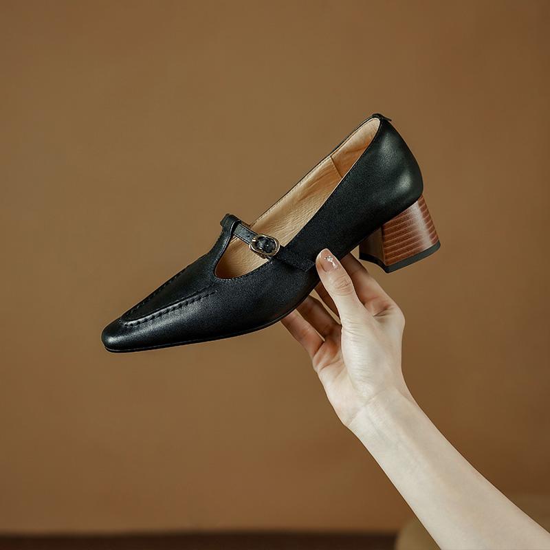 2024 Retro T-tied Women Pumps Spring Summer Genuine Leather Mary Janes Square Toe Thick Heels Office Lady Working Shoes Woman