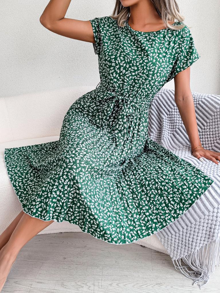 Fashion Floral Pleated A Line Long Dress Women Spring Summer Short Sleeve High Waist Chic Dress 2024 Casual Blue Bohemian Dress